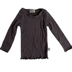 Wheat Gray Long Sleeve Ribbed Tee with Scoop Lace Neck and Ruffled Edge